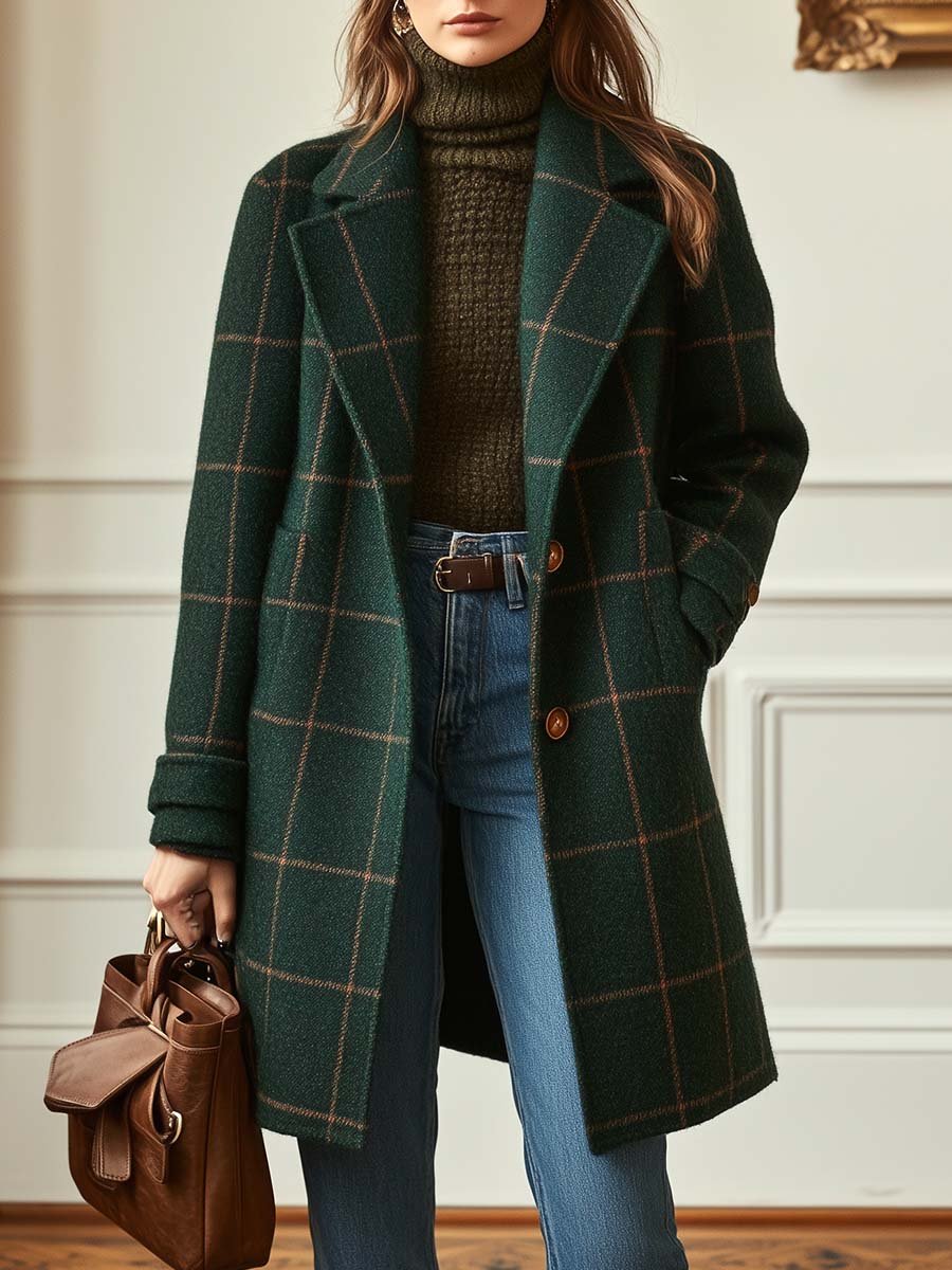 Wool Blend Check Overcoat Lapel Collar Garment