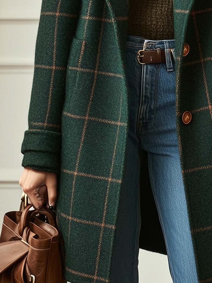 Wool Blend Check Overcoat Lapel Collar Garment