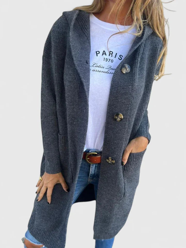 Cardigan long en maille côtelée, boutonné avec poches  