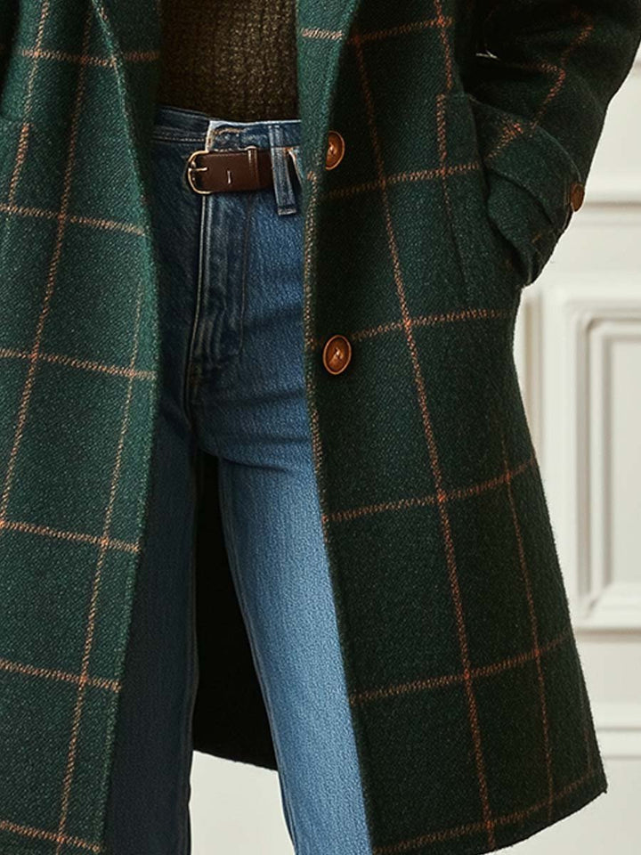 Wool Blend Check Overcoat Lapel Collar Garment