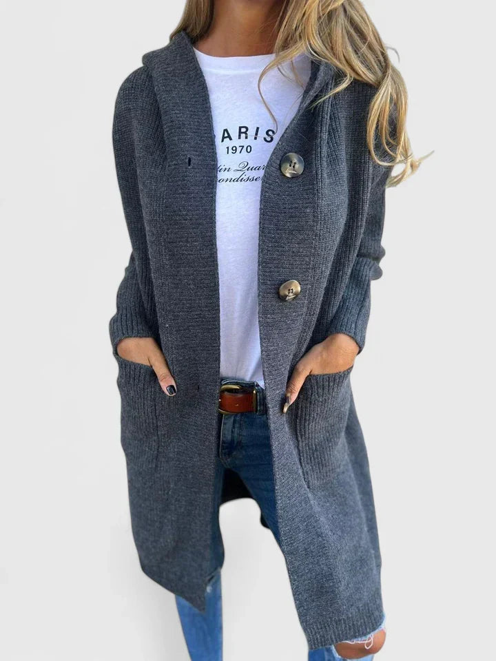 Cardigan long en maille côtelée, boutonné avec poches  