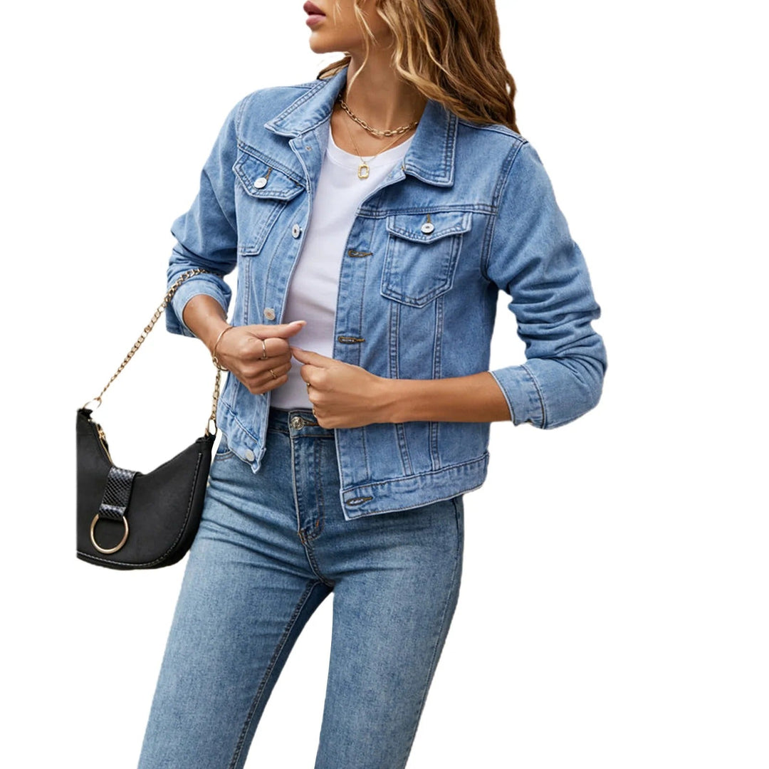 Womens Cropped Denim Jacket Button Front Layer