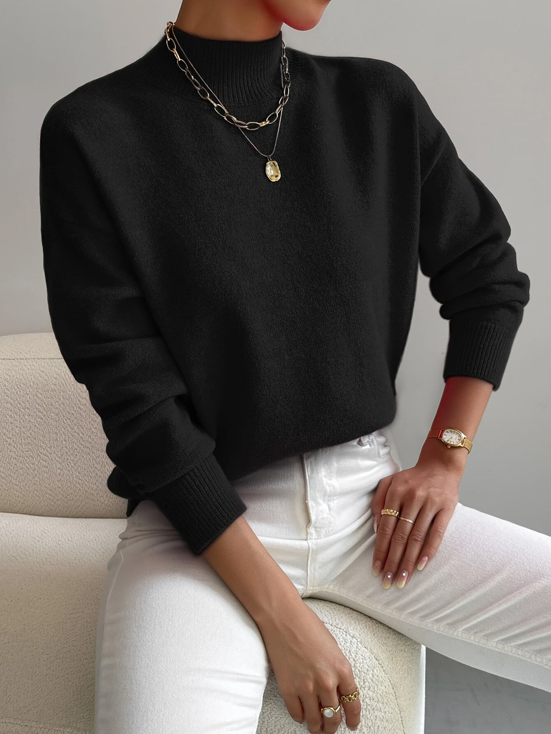 Laurel | Timeless High Neck Knit Turtleneck Sweater with Ribbed Cuffs