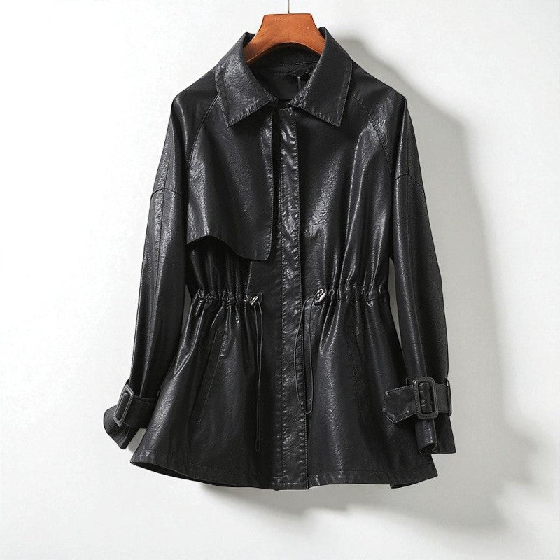 Veste en cuir en peau de mouton véritable, taille cintrée  