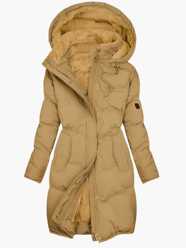 Ruth | Elegant Long Coat with Faux Fur Hood and Warm Lining Detail