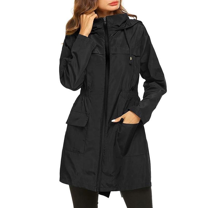 Women's Hooded Windbreaker Jacket Long Waterproof Rain Coat Utility Outerwear