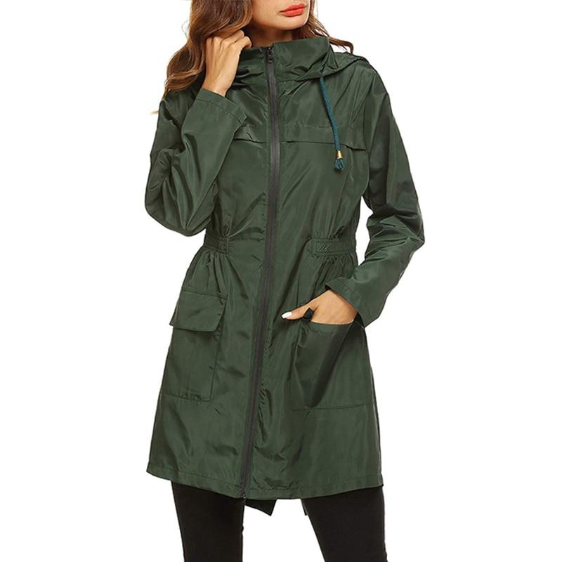 Women's Hooded Windbreaker Jacket Long Waterproof Rain Coat Utility Outerwear