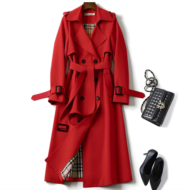 Women's Long Trench Coat Double Breasted Belted Lapel Outerwear