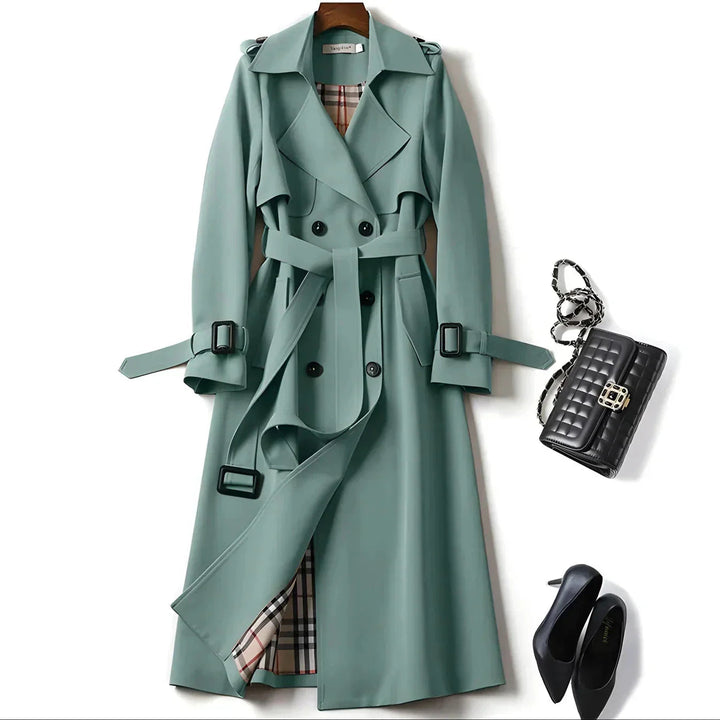 Women's Long Trench Coat Double Breasted Belted Lapel Outerwear