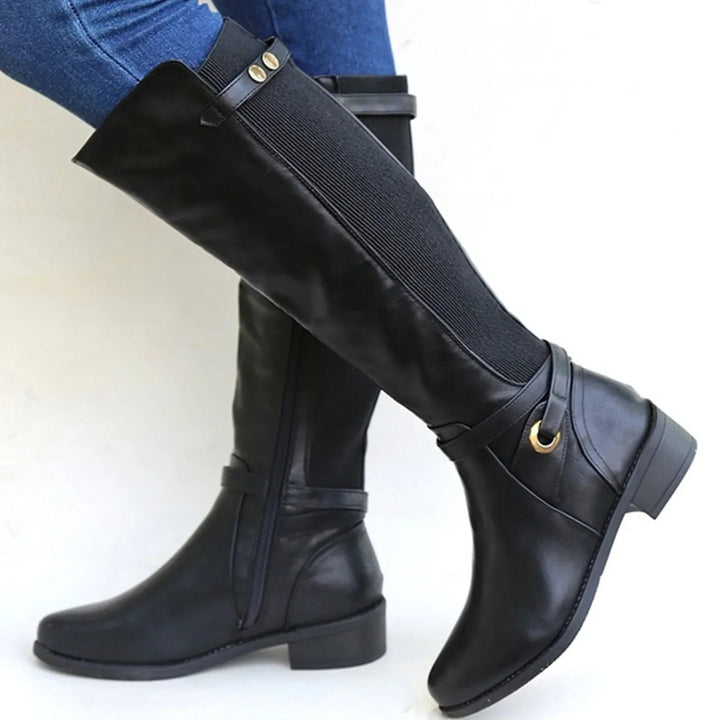 Alessandra | Elegante knöchelhohe Lederstiefel mit elastischem Wadeneinsatz und Blockabsatz