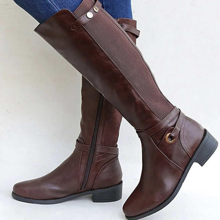 Alessandra | Elegante knöchelhohe Lederstiefel mit elastischem Wadeneinsatz und Blockabsatz