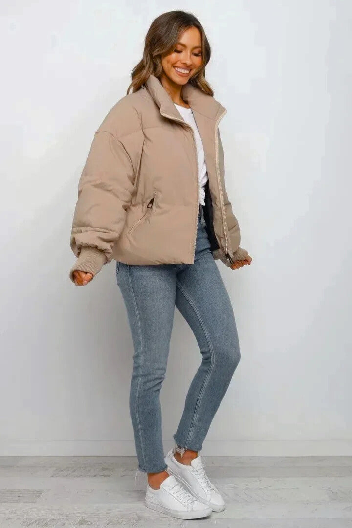 Honoria | Elegant Cropped Puffer Jacket with Ribbed Cuffs and Zip Closure
