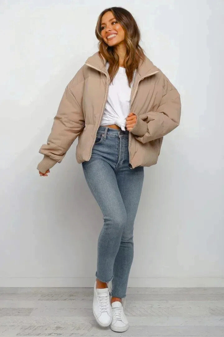 Honoria | Elegant Cropped Puffer Jacket with Ribbed Cuffs and Zip Closure