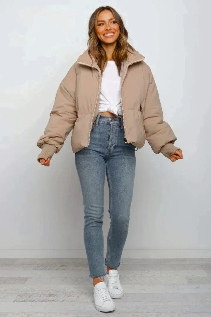 Honoria | Elegant Cropped Puffer Jacket with Ribbed Cuffs and Zip Closure