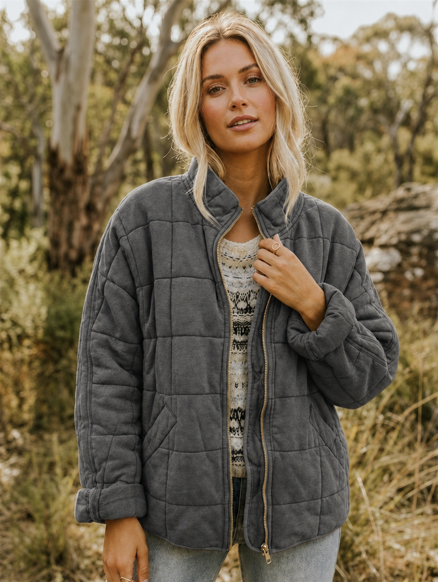 Ingrid | Veste matelassée structurée à col montant et fermeture zippée sur le devant